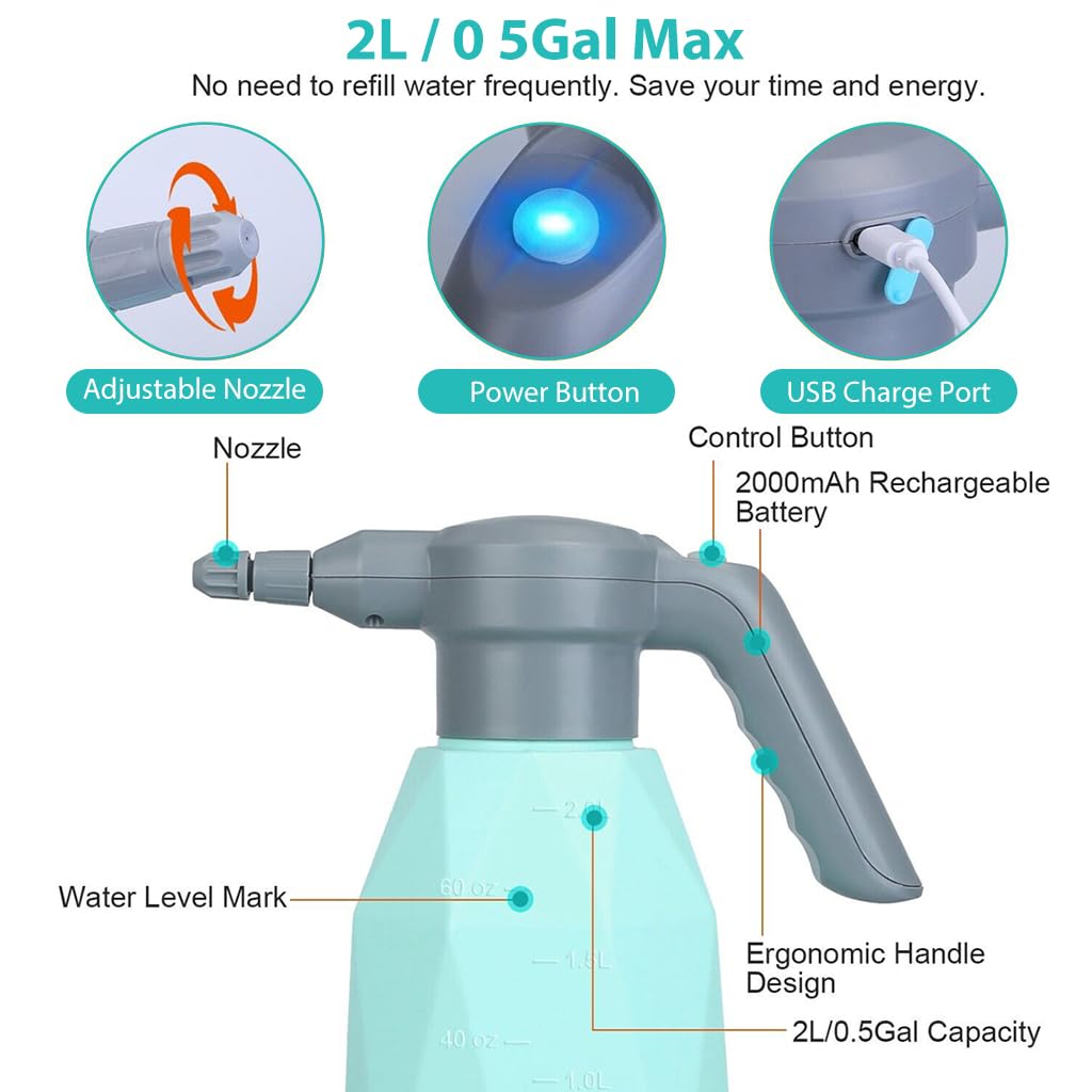 HASTHIP Electric Watering Can for Plants with 2L Capacity and 360° Gimbaled Nozzle | USB Rechargeable Gardening Sprayer