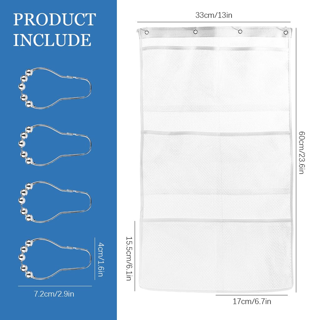 HASTHIP Mesh Shower Caddy Organizer with 6 Pockets and Metal Hooks featuring Quick Drying Mesh | White Bathroom Storage