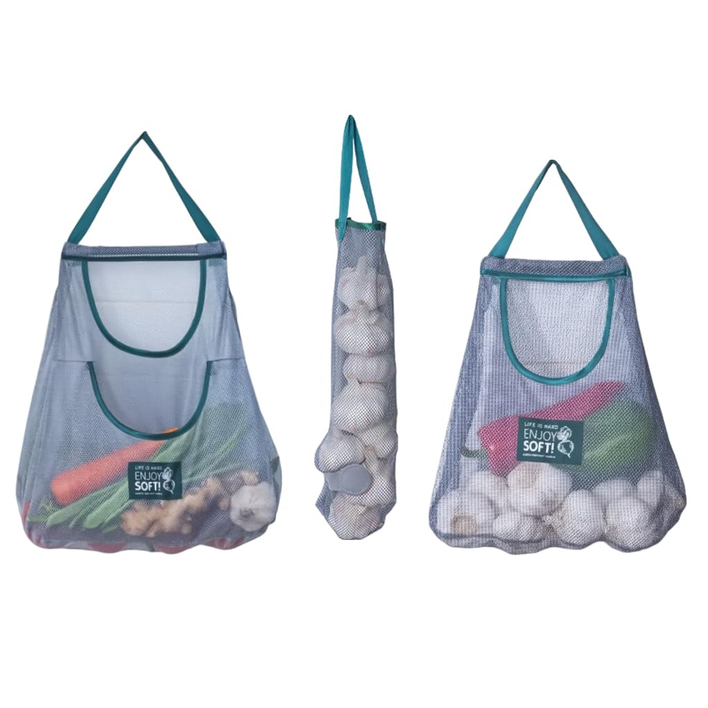 HASTHIP Hanging Mesh Storage Bags for Kitchen Produce featuring Dual Pocket Net Design | 3pcs Reusable Mesh Fabric