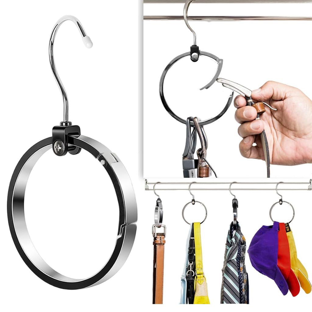HASTHIP® 360° Swivel Belt Organizer Ring, Wardrobe Hanger Organizer with Hook, Multipurpose Zinc Alloy Wardrobe Ring Hanger for Belt, Tie, Cap