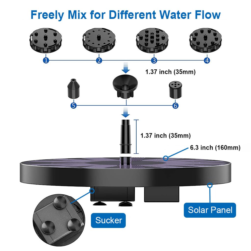 Solar Water Fountain for Garden, 1.5W Solar Water Pump with 6 Nozzles, Max 1.1m Water Column Solar Fountain for Home Garden Pond Bird Bath Pool