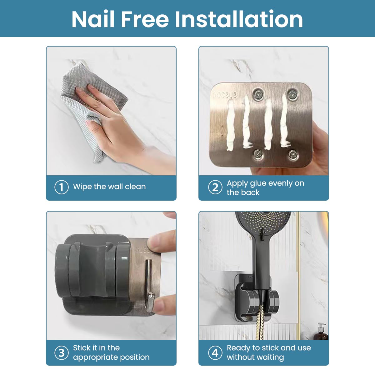 HASTHIP Shower Head Holder for Bathroom with Built in Hook and Strong Adhesive | Stainless Steel Adjustable No Drill Bracket