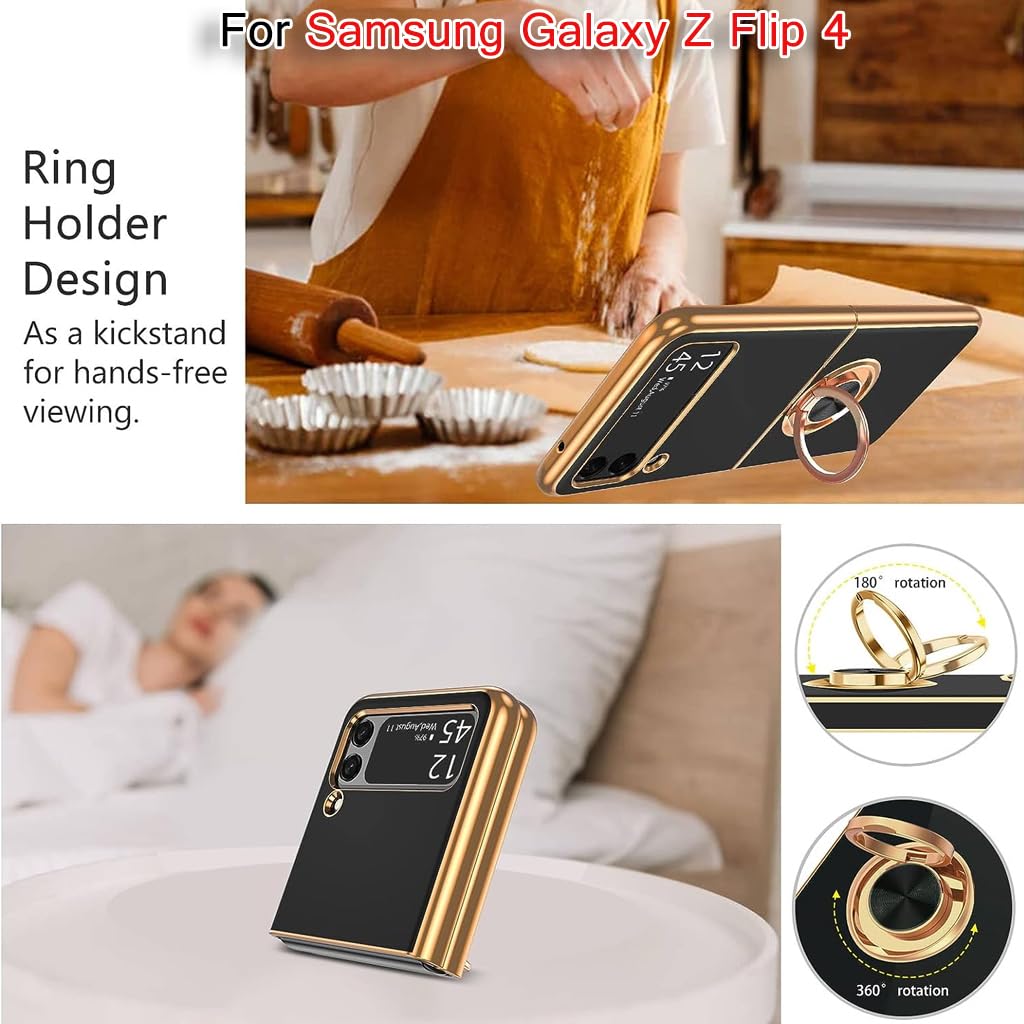 HASTHIP® TPU Phone Case with Metal Frame and Phone Grip for Samsung Galaxy Z Flip 4 - Anti-Scratch, Dustproof, Lightweight, Foldable Protector with Stand, Durable and Stylish Cover