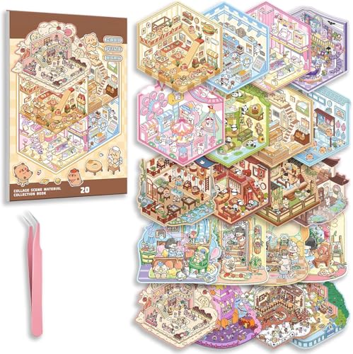 HASTHIP® 20 Sets DIY 3D Sticker Scene Collection Book for Kids Adults Cute Make Your Own Shop House Stickers for Gifts Stickers Therapy for Adult Relief Stress Pass The Time Play Park