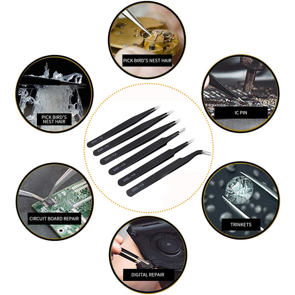 HASTHIP® 6 Pcs Tweezers Set for Electronics and Craft, ESD Multi-purpose Tweezer Anti-Static Professional Tweezers for Precision Repairing DIY Craft Cloisonne Art Tweezer for Jewellery Making