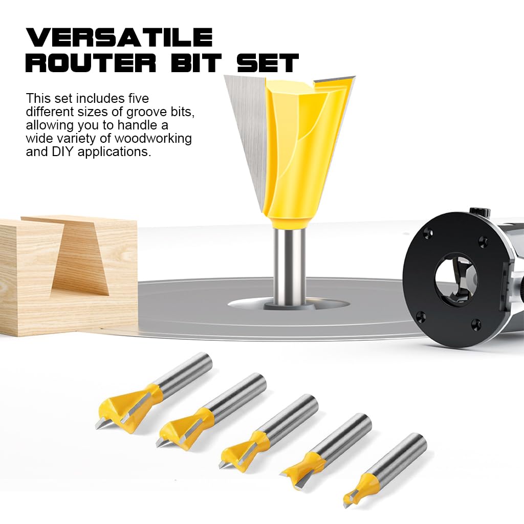 HASTHIP® Router Bit Set with 1/4'' Shank, 5 Sizes Groove Milling Cutters, Tungsten Steel Router Bits Set, Cutting Dia in 1/4" 3/8" 1/2" 5/8" 3/4", Woodworking Milling Cutter Tools for Woodworking