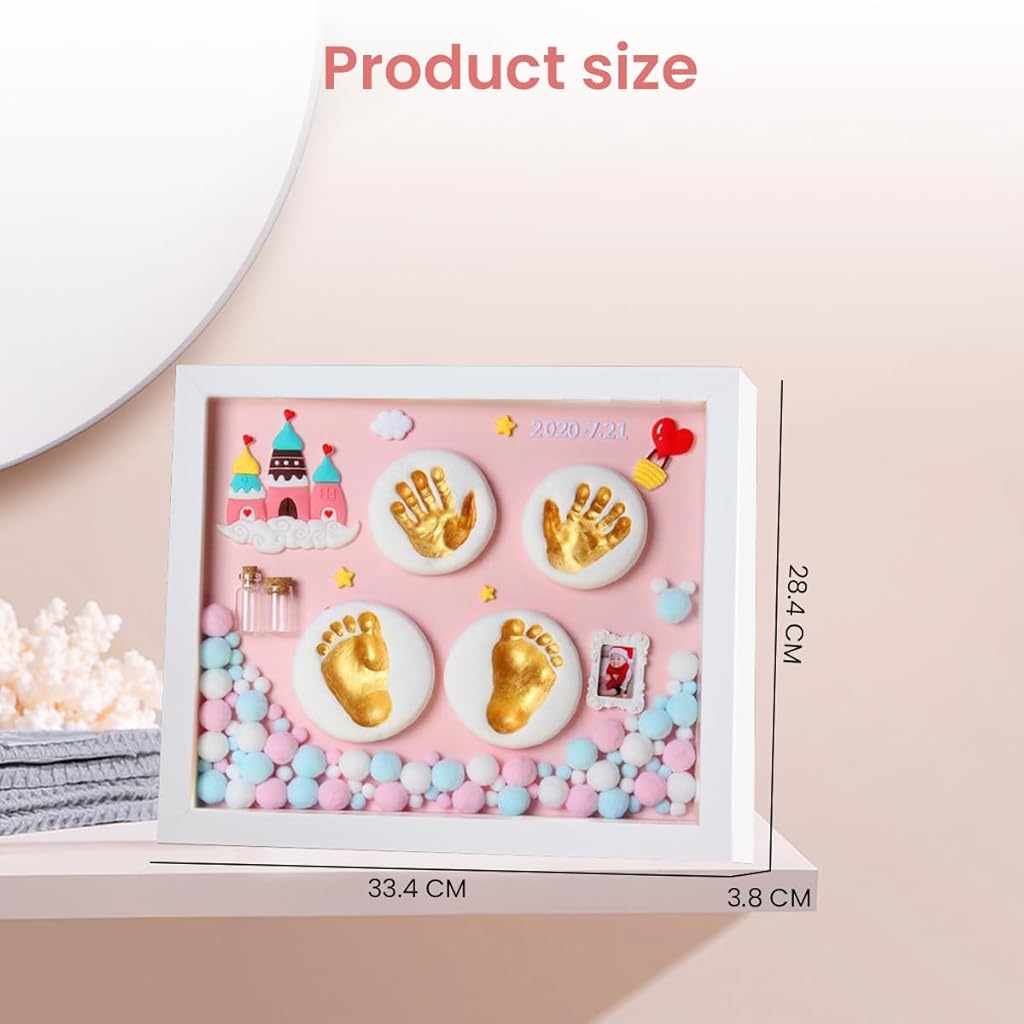 HASTHIP® Kit de Huellas de Mano y Pie Bebé con Arcilla Blanca y Pintura Dorada,Marco Fotos 11x12.9 Pulgadas con Accesorios,Regalo Recuerdo para Recién Nacidos