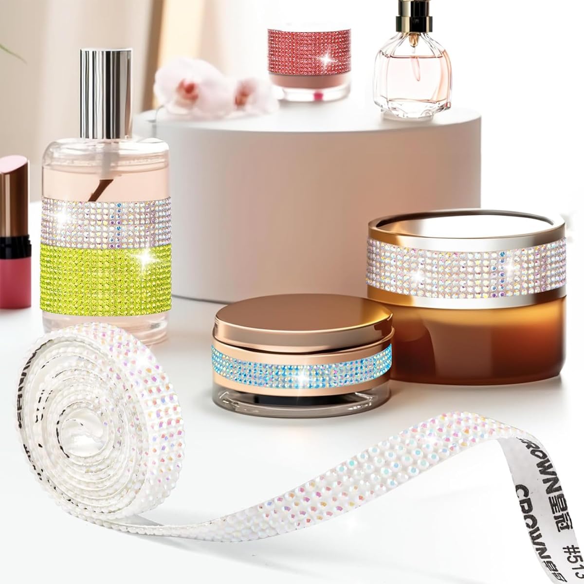 HASTHIP Rhinestone Ribbon for DIY Crafts featuring Self Adhesive 4 Row Design and 48 Yards Set