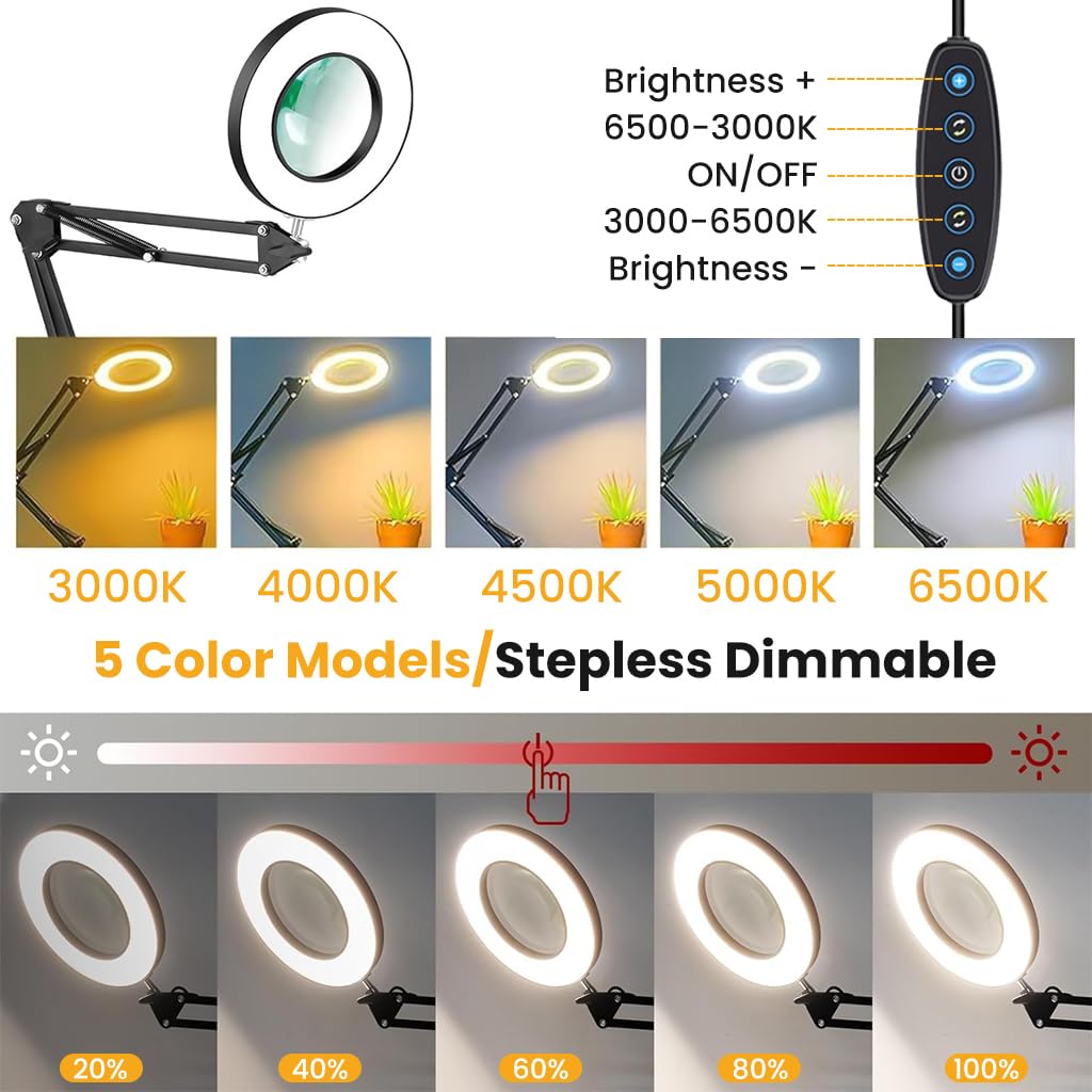 HASTHIP Magnifying Glass with Light for Reading and Crafts featuring 10X Lens and 2-in-1 Clamp Stand | 5 Color Modes Adjustable Lamp