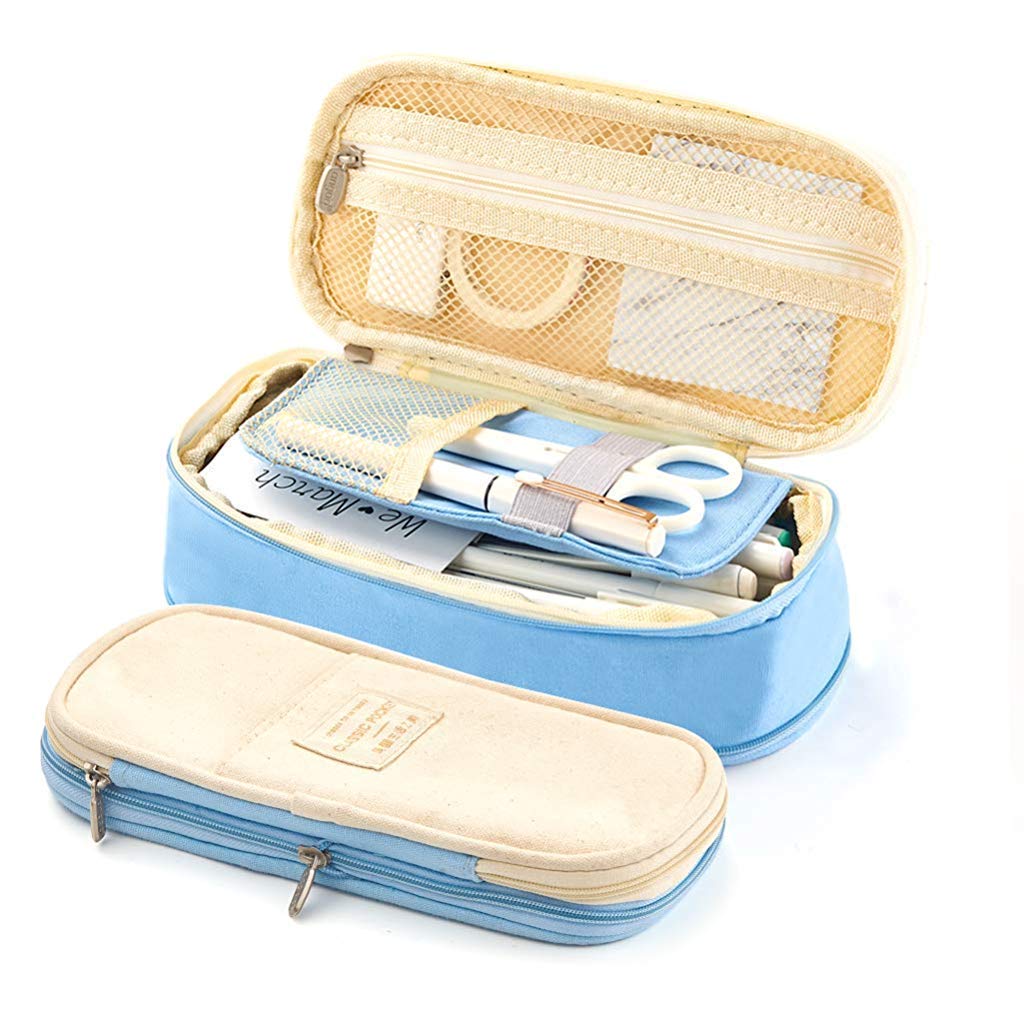 HASTHIP Pencil Case for Students with Double Zipper and Expandable 21.5×10×7 cm Design | Light Blue 2 PCS