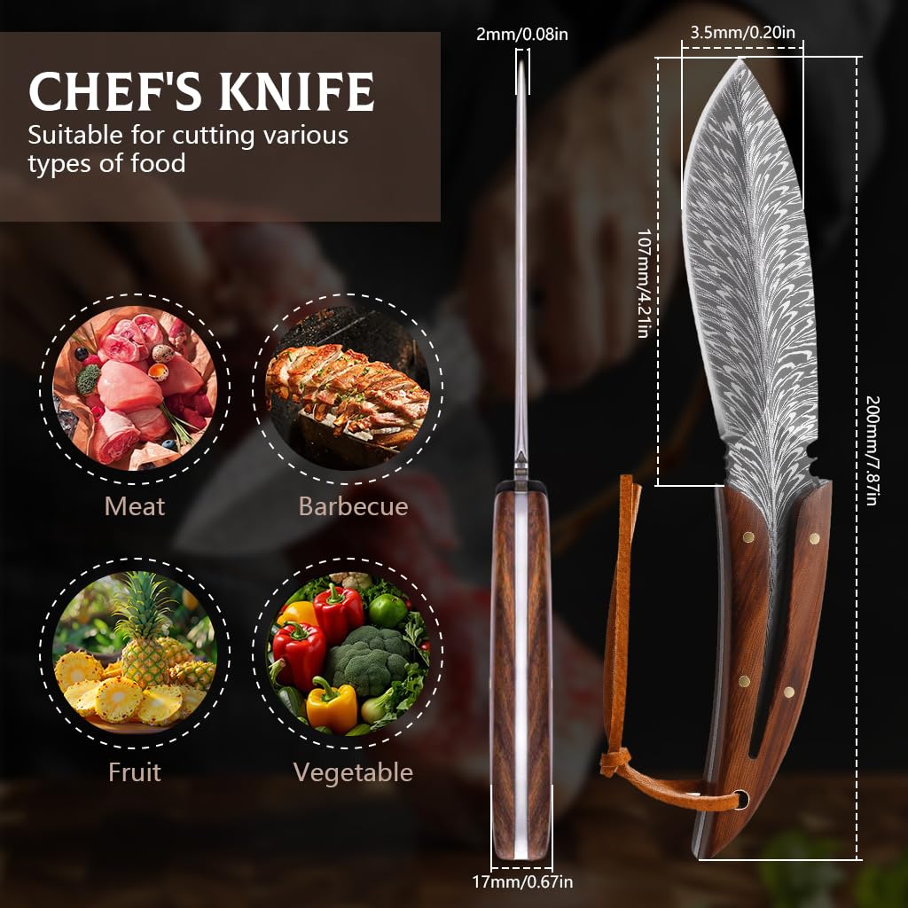 HASTHIP® Feather Kitchen Knife for Meat Cutting, Peeling, Slicing & Boning, High Carbon Steel Full Tang Blade Rosewood Handle with Leather Sheath, Professional Cooking & Outdoor Knife 7.8''-Multicolor