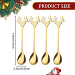 HASTHIP Christmas Spoon Set for Coffee and Dessert with Elk Antler Handles | 4-Piece Golden Stainless Steel Gift
