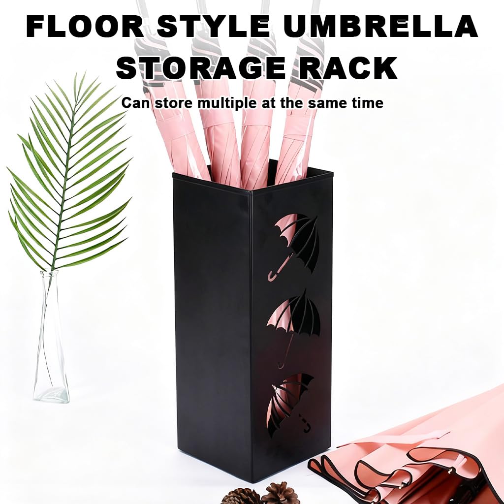 HASTHIP Metal Umbrella Holder Stand for Entryway with 16x16x42 cm Space Saving Design featuring Cut Out Clover Patterns | Black Decorative Indoor Organizer
