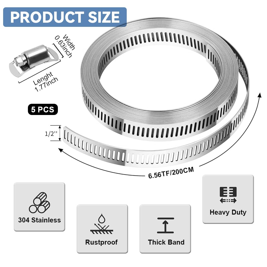 6.6ft Hose Clamp Roll 304 Stainless Steel Hose Clips with 5 Fastening Bolts Attachment Cuttable Hose Clamp