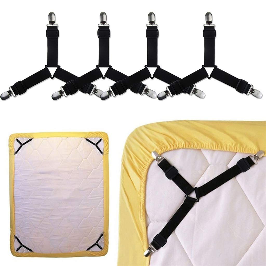 Adjustable Bed Sheet Holder Straps and 3 Way Mattress Cover Holder Fasteners, Bed Sheet Keeper with Heavy Duty Grippers Clips, Triangle (4pc/Set, Free Size, Black)