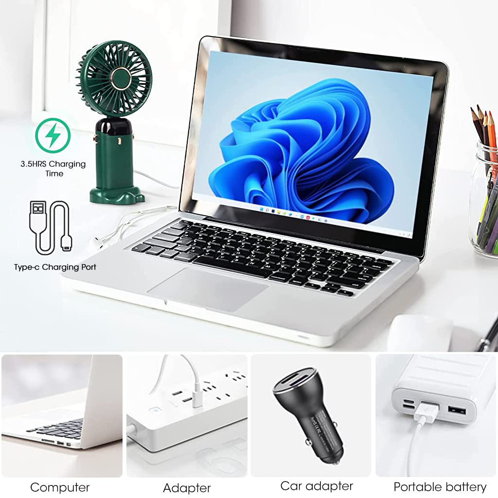 HASTHIP Hand Fan for Women with 3000mAh Battery and 5 Speeds featuring Foldable 90° Base | Green Portable USB Rechargeable Fan