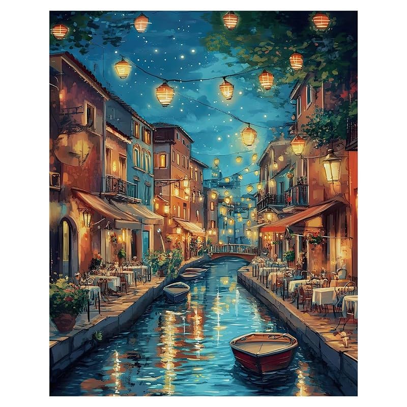 HASTHIP® DIY Venetian Paint by Numbers Kit, Pre-Outlined Canal Night Romantic Starry Sky Scene with Numbered Sections, DIY Oil Painting Craft Kit Art Craft, 40x50cm, Includes Pigments and Tools