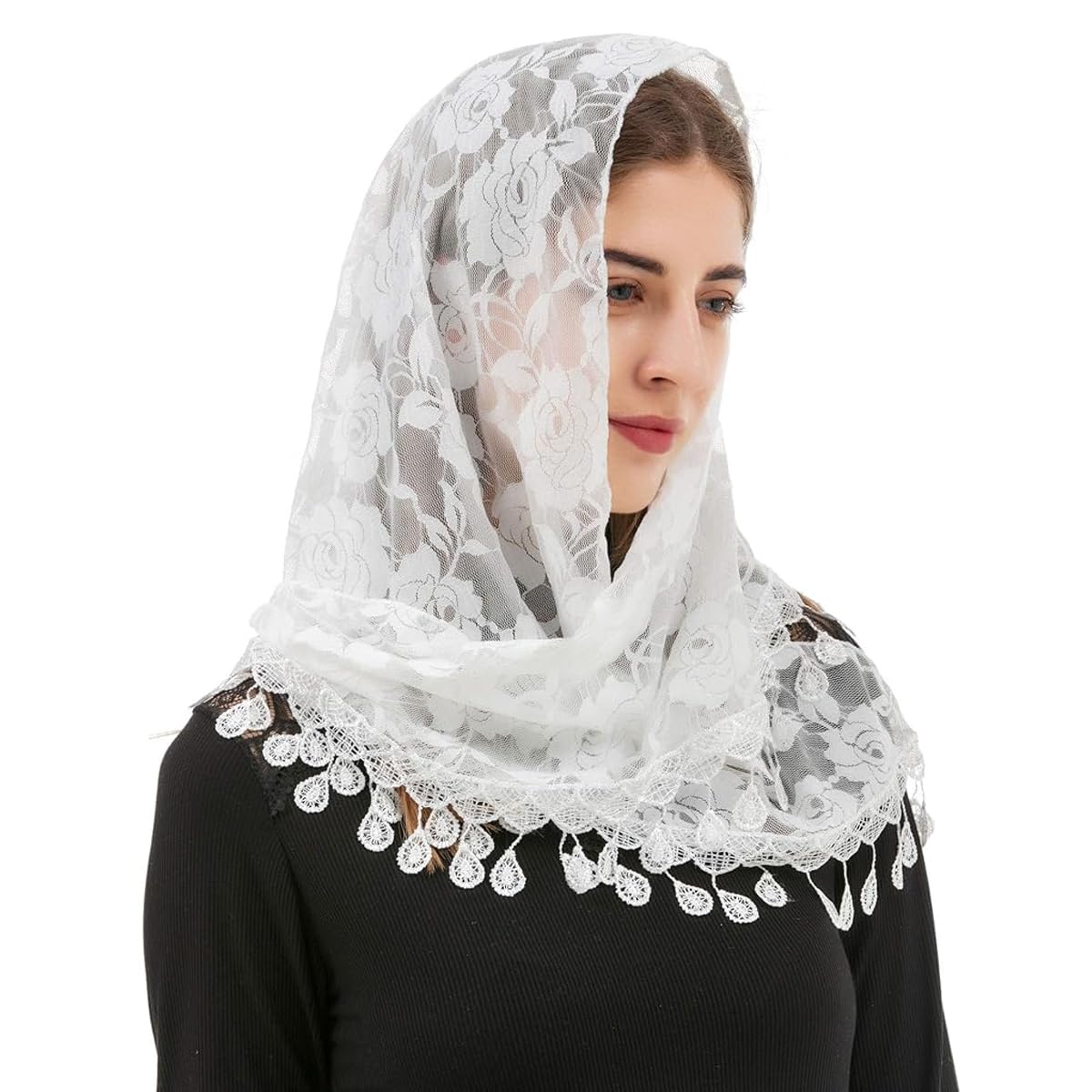 HASTHIP® Mantilla para Mujeres,Velo Triangular de Encaje para Capilla,Chal Bordado con Rosas y Flecos Pañuelo Elegante de Iglesia Cubrecabeza Misa - Blanco