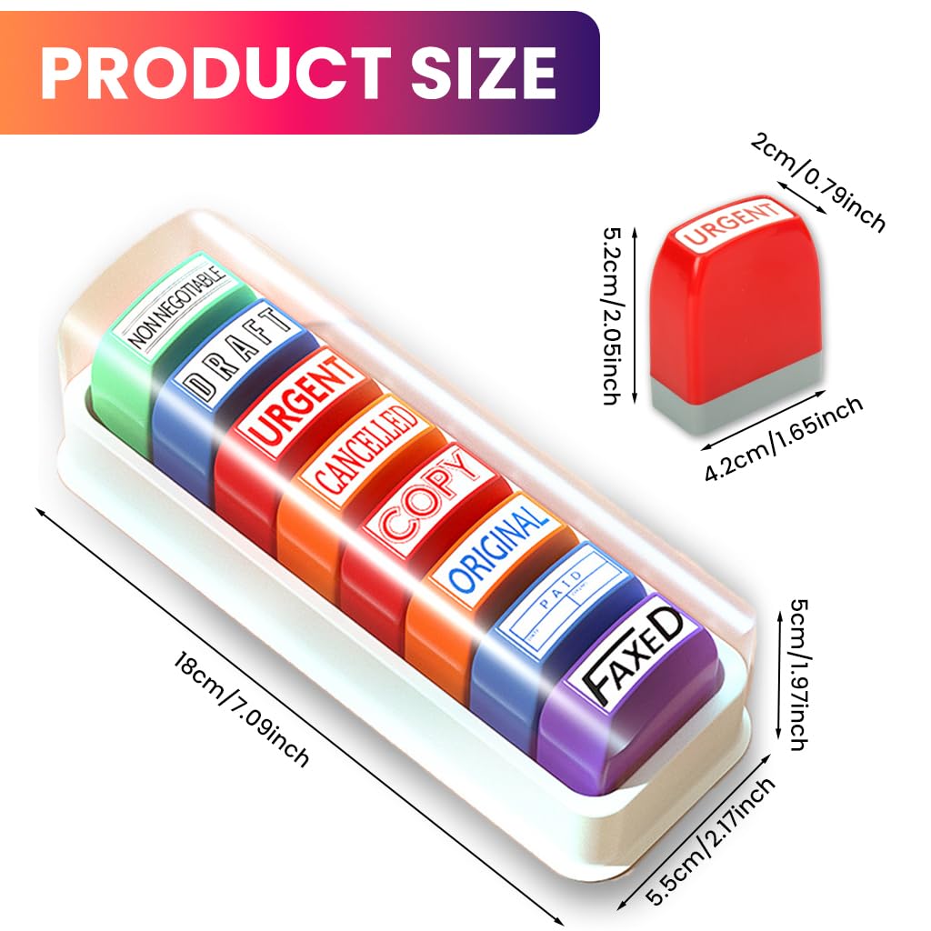 HASTHIP® 8PCS Self-Inking Office Stamps Set,Business Rubber Stamps in Red & Blue Ink,Paid Copy Scanned Faxed Approved Completed Message Work with Storage Tray Multicolor for Documents & Office
