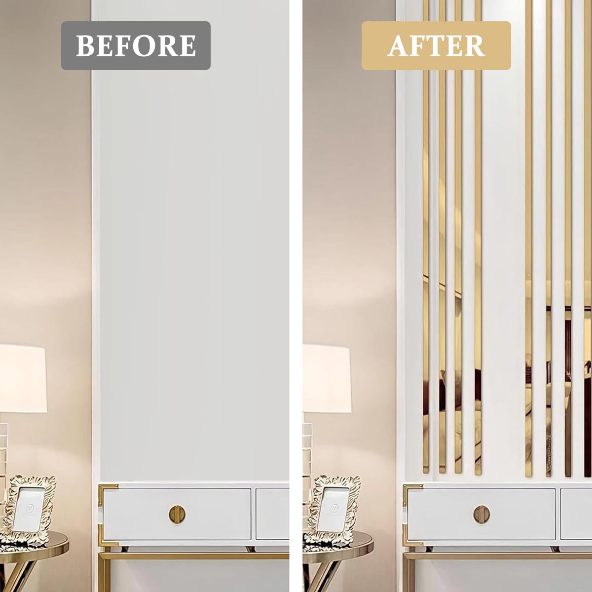 HASTHIP Wall Trim Strip for DIY Decoration with 16.4ft Self Adhesive 201 Stainless Steel Golden Mirror Finish