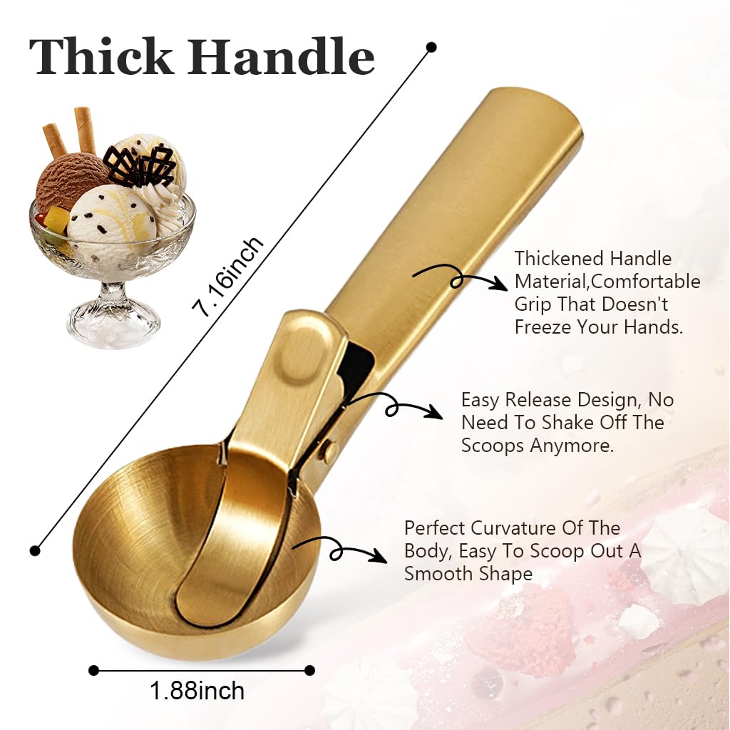 HASTHIP Ice Cream Scoop for Dessert and Fruit with Easy Trigger Lever 7 in Golden Stainless Steel Handle