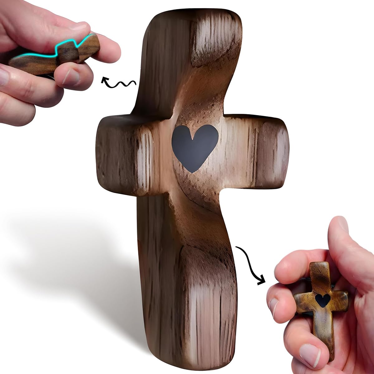 HASTHIP Handheld Prayer Cross for Spiritual Reflection with 1.9 in Curved Wood Design | Heart Emboss Center