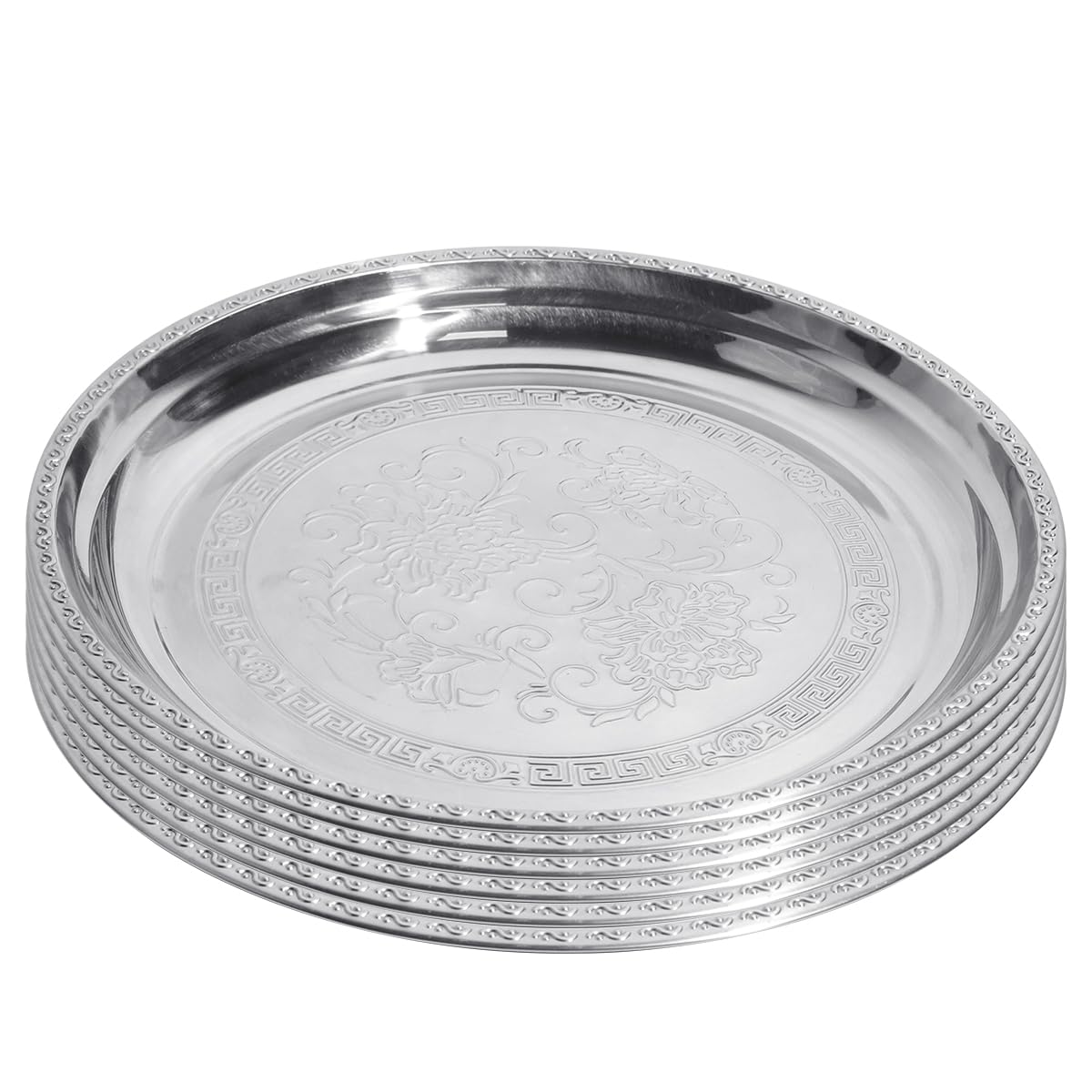 HASTHIP® 11.8 Inches Round Shape Embossed Serving Trays Food Grade, 6Pcs Stainless Steel Dinner Plates, Dishwasher Safe Ideal for Special Occasions and Everyday Use