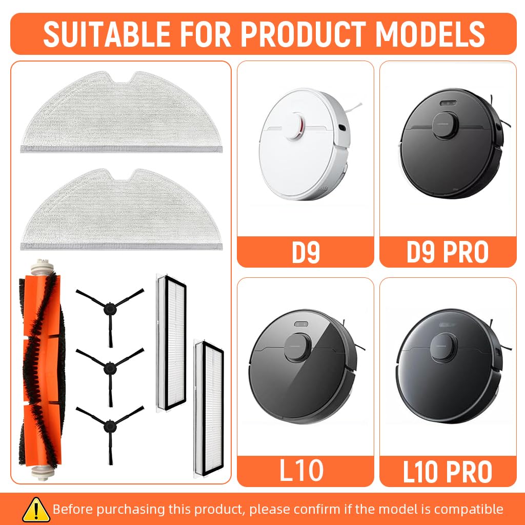 HASTHIP Replacement Vacuum Cleaner Accessories for Dreame D9 Max with 8 Piece Set | Includes Main and Side Brushes Filters and Mop Cloths