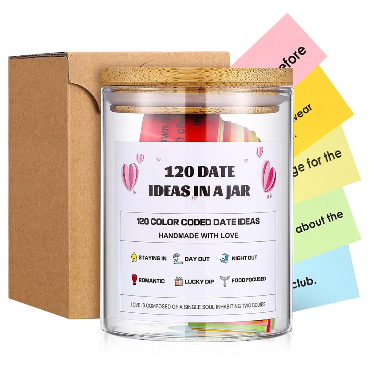 HASTHIP Dating Ideals Jar with 120 pcs Color Coded Notes for Creative Couple Activities | Fun Gift for Anniversaries and Valentine’s Day