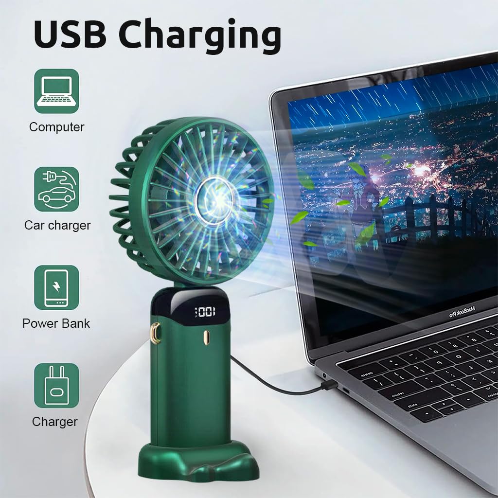 Mini Fan, Portable Fan with USB Charging, Hand & Desk Fan, 5 Speeds Fan with Lanyard, Fragrance Sheet and Base, Built-in 3000mAh Battery, Foldable 90°, LED Battery Level Display (Green)