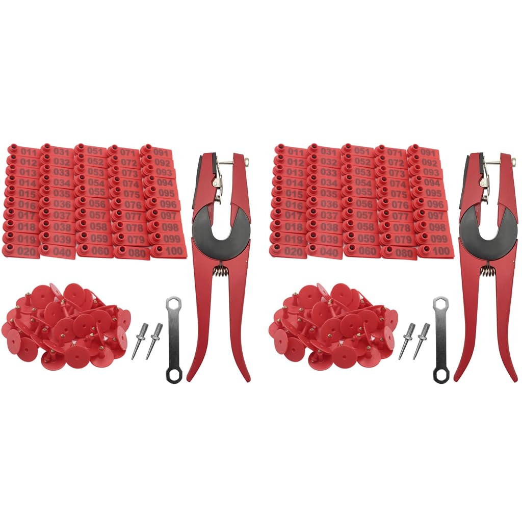 HASTHIP Livestock Ear Tag Applicator Set for Cattle and Sheep with 100 Numbered Tags | Red Plastic Farming Tool