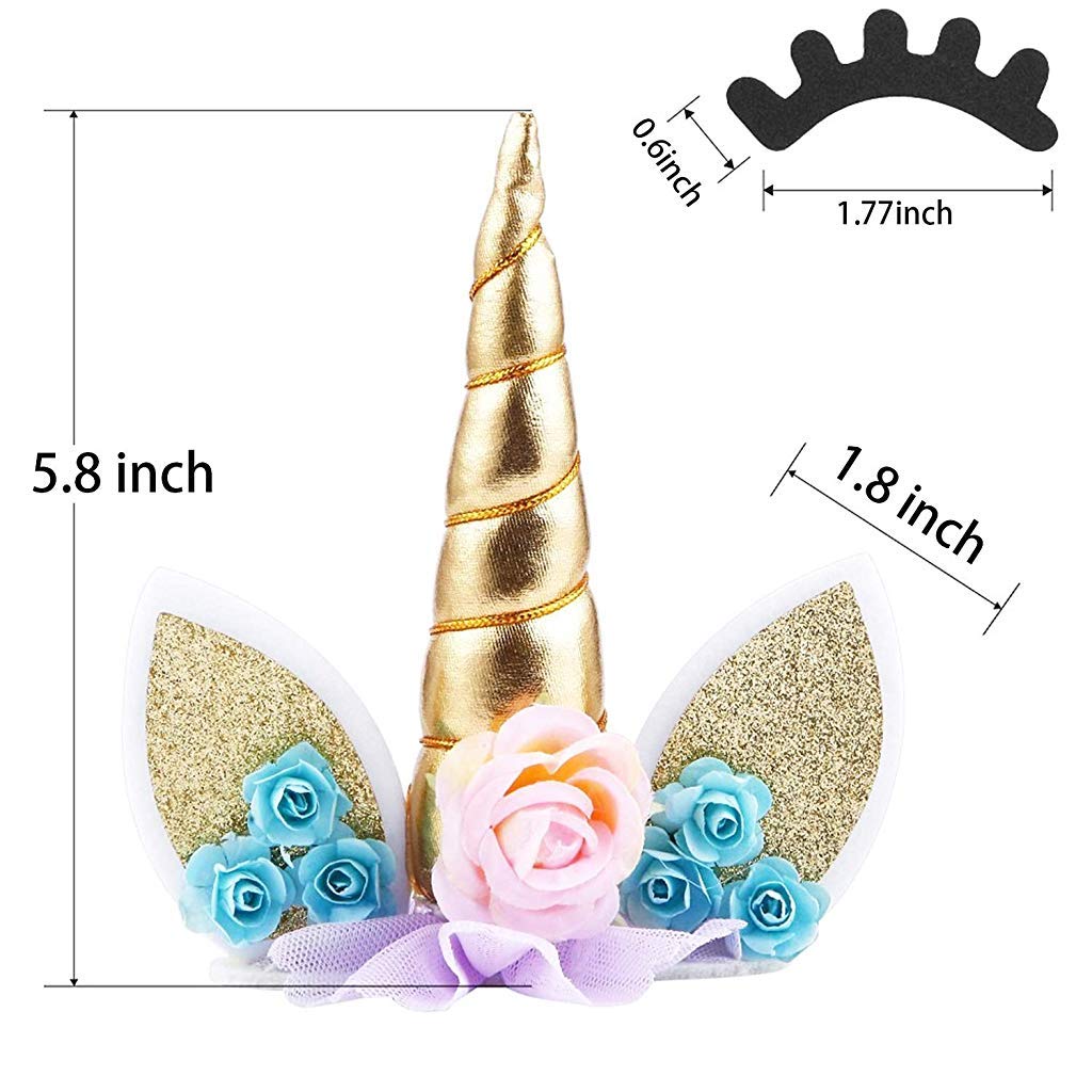 Handmade Gold Reusable Unicorn Horn Ears Eyelash Set Birthday Cake Topper for Decoration (5.8 Inch)