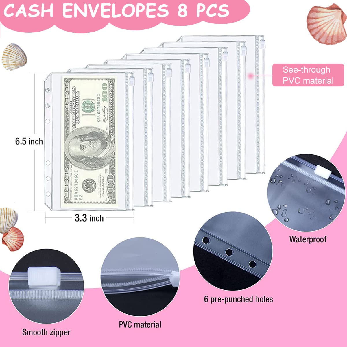 HASTHIP File Folder Ring Binder Notebook Set for Office and School with 6 Rings and 8 PVC Envelopes | A6 PVC Cover and Card Holder Organizer Supplies