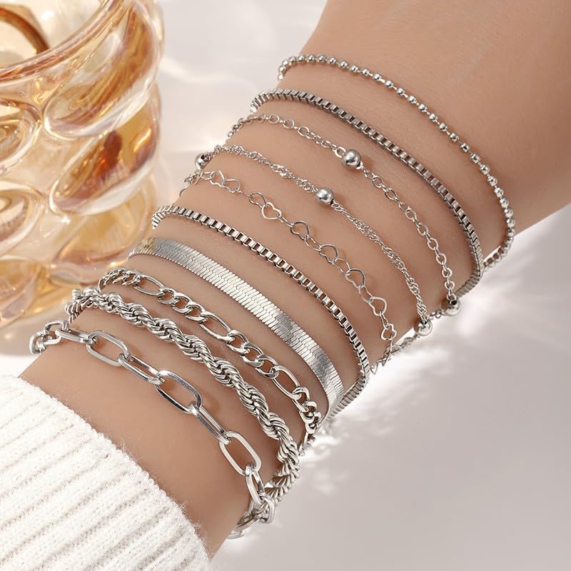 HASTHIP® Pulseras de Oro para Mujer Impermeables,Set de 10 Pulseras Finas y Elegantes,Cadenas Cubanas y Eslabón Papelclip Joyería Apilable Moda Regalos Accesorios Plateados