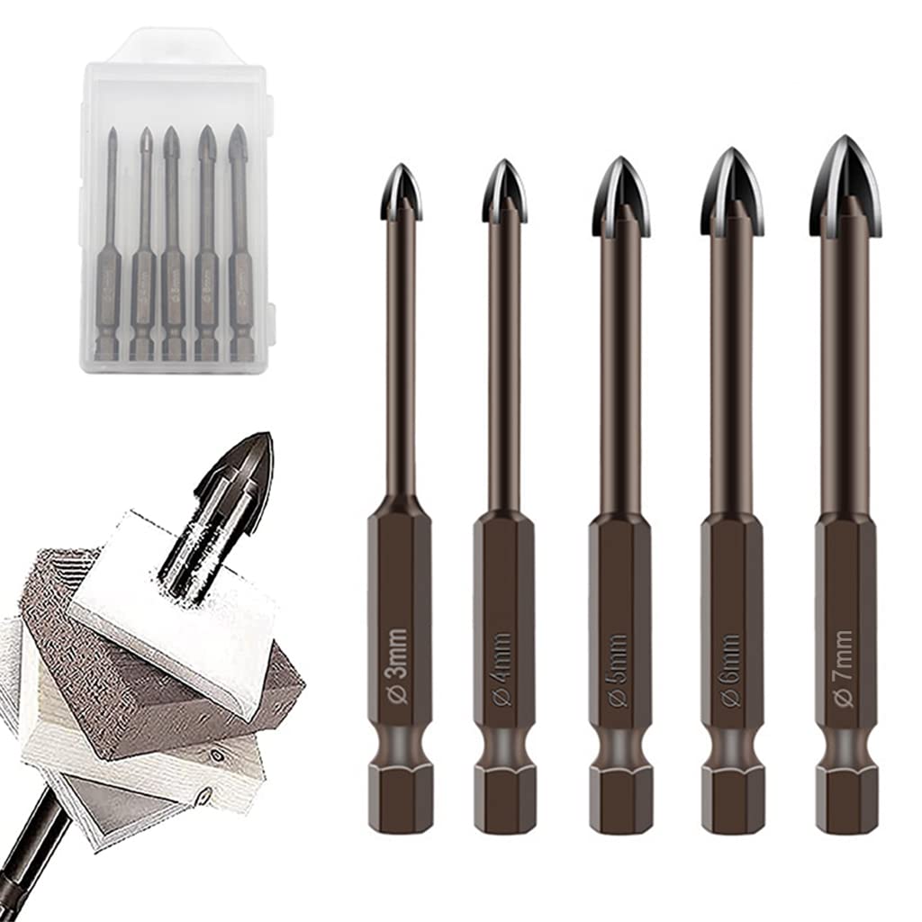 5Pcs Glass Tile Concrete Drill Bit Set, Multi-Function Triangle Cross Alloy Drill Bit Tip Tools, Hex Shank Tungsten Carbide Tip Drilling Tools for Glass, Ceramic Tile Wall, and Wood (3-7 mm)