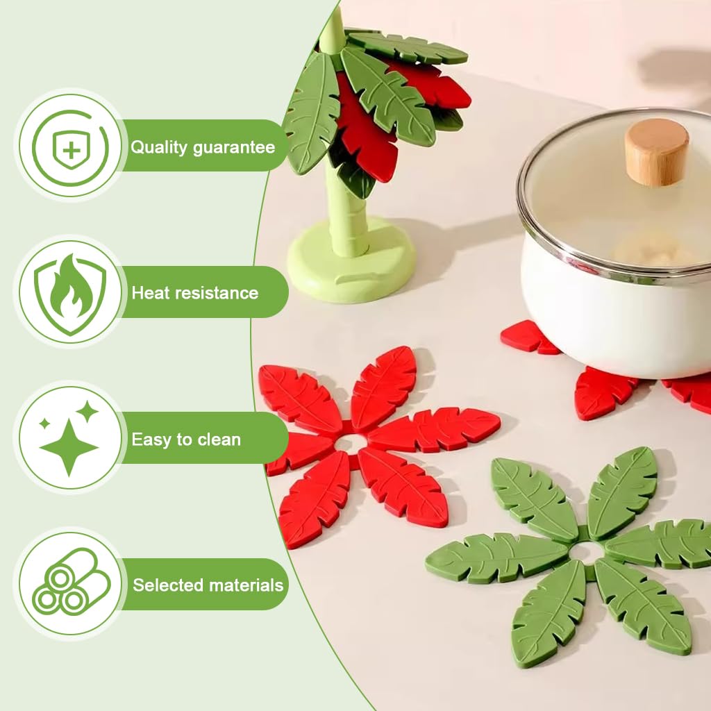 HASTHIP Silicone Tea Coaster Set for Dining Table with Decorative Holder 3pcs | Tropical Leaf Design