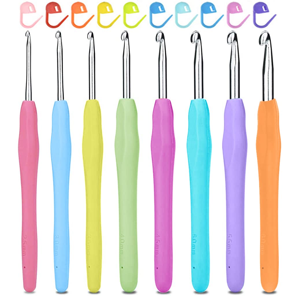 8pcs Crochet Hooks Set Aluminium Soft Grip Rubber Handle Needles with 10 Knitting Crochet Locking Stitch Markers Craft Yarn Sewing Tools (2.5mm/3mm/3.5mm/4mm/4.5mm/5mm /5.5mm/6mm)