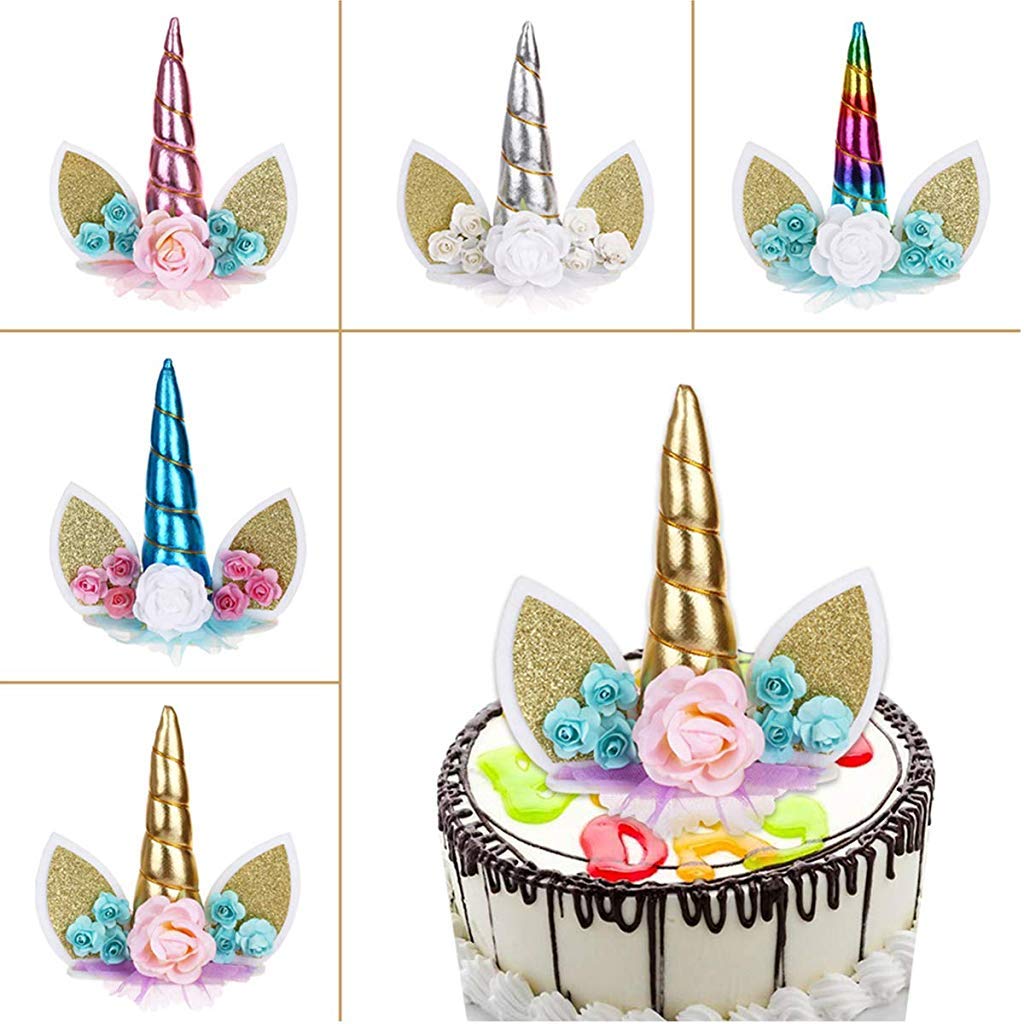 Handmade Gold Reusable Unicorn Horn Ears Eyelash Set Birthday Cake Topper for Decoration (5.8 Inch)