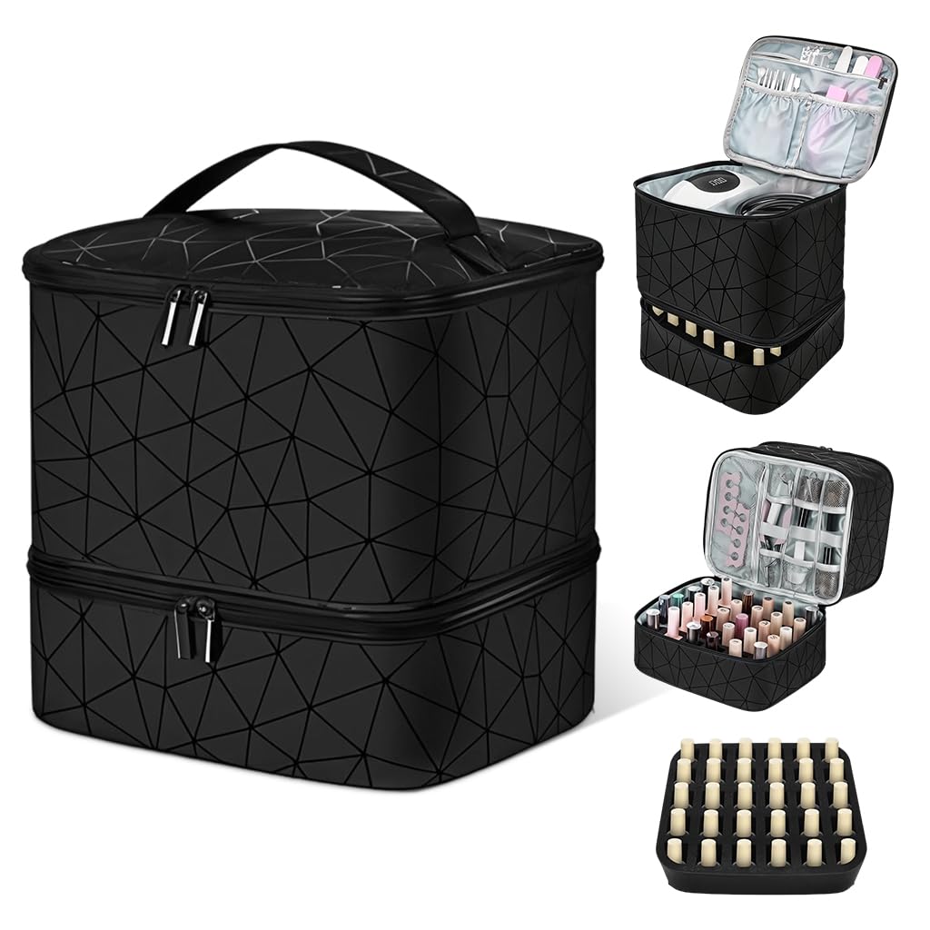HASTHIP® Organizador de Esmaltes de Uñas Viaje - Estuche Maquillaje Profesional Gran Capacidad con Doble Capa,Compartimentos Ajustables,Asa Portátil y Bolsillos Múltiples para