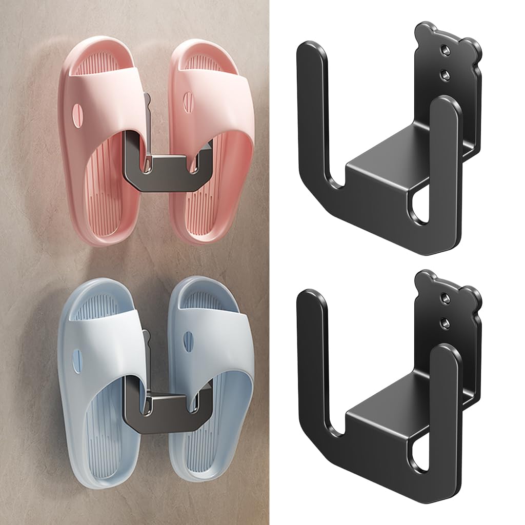 HASTHIP Slippers Holder for Bathroom with Dual Hook No Drill Adhesive Design | 2Pcs Carbon Steel Space Saver Organizer