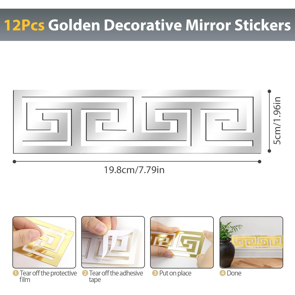 HASTHIP Wall Border Stickers for Home Decor with 7.87x1.96 in Cut-Out Geometric Acrylic | Silver Set of 12