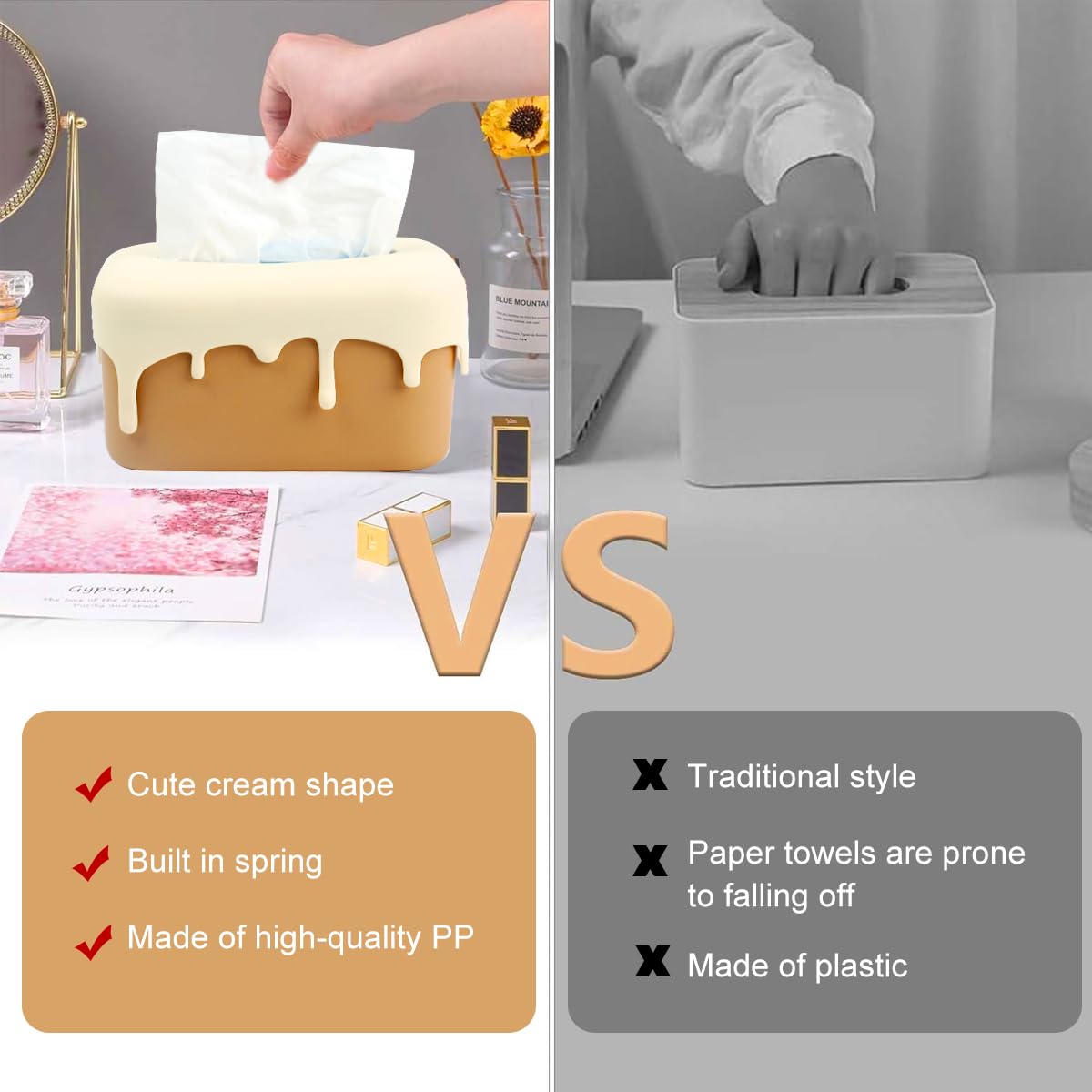 HASTHIP Kawaii Tissue Paper Box Cover for Home Office and Car featuring Spring Loaded Design | PP Body with Removable Soft Rubber Top 25x16x12cm