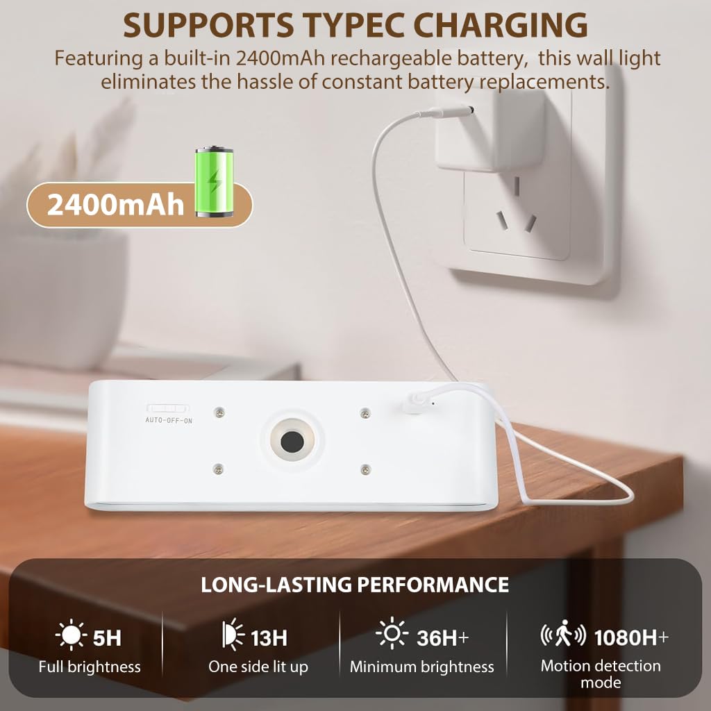 HASTHIP® USB LED Wall Light Smart Motion Sensor Light 3-Color LED Cordless Magnetic Modern Wall Light 2400mAh Rechargeable LED Wall Light for Bedroom, Corridor, Wardrobe