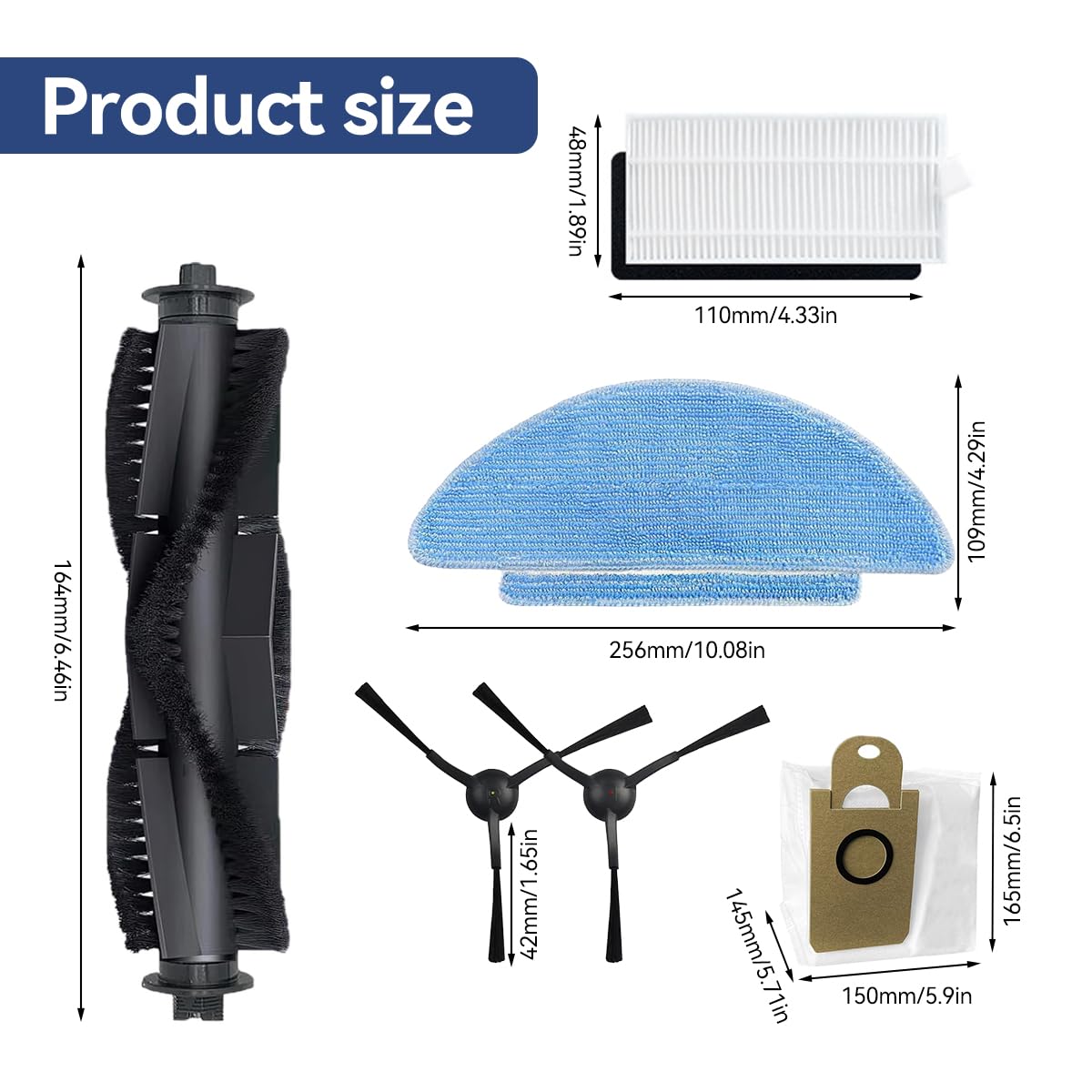 HASTHIP® Vacuum Cleaner Accessories for ILIFE T10S Robot Vacuum Cleaner with 1 Main Brush, 4 Side Brushes, 2 Mop Cloth, 2 Filters, 2 Dust Collection Bags.