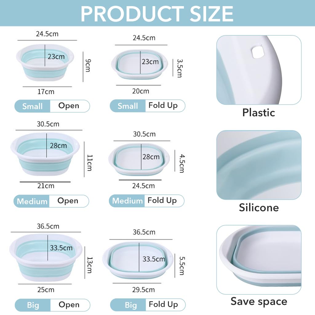 HASTHIP Silicone Collapsible Tub Bucket Set for Kitchen and Camping | 3Pcs Foldable Basin with Hanging Holes and PP TPU Material