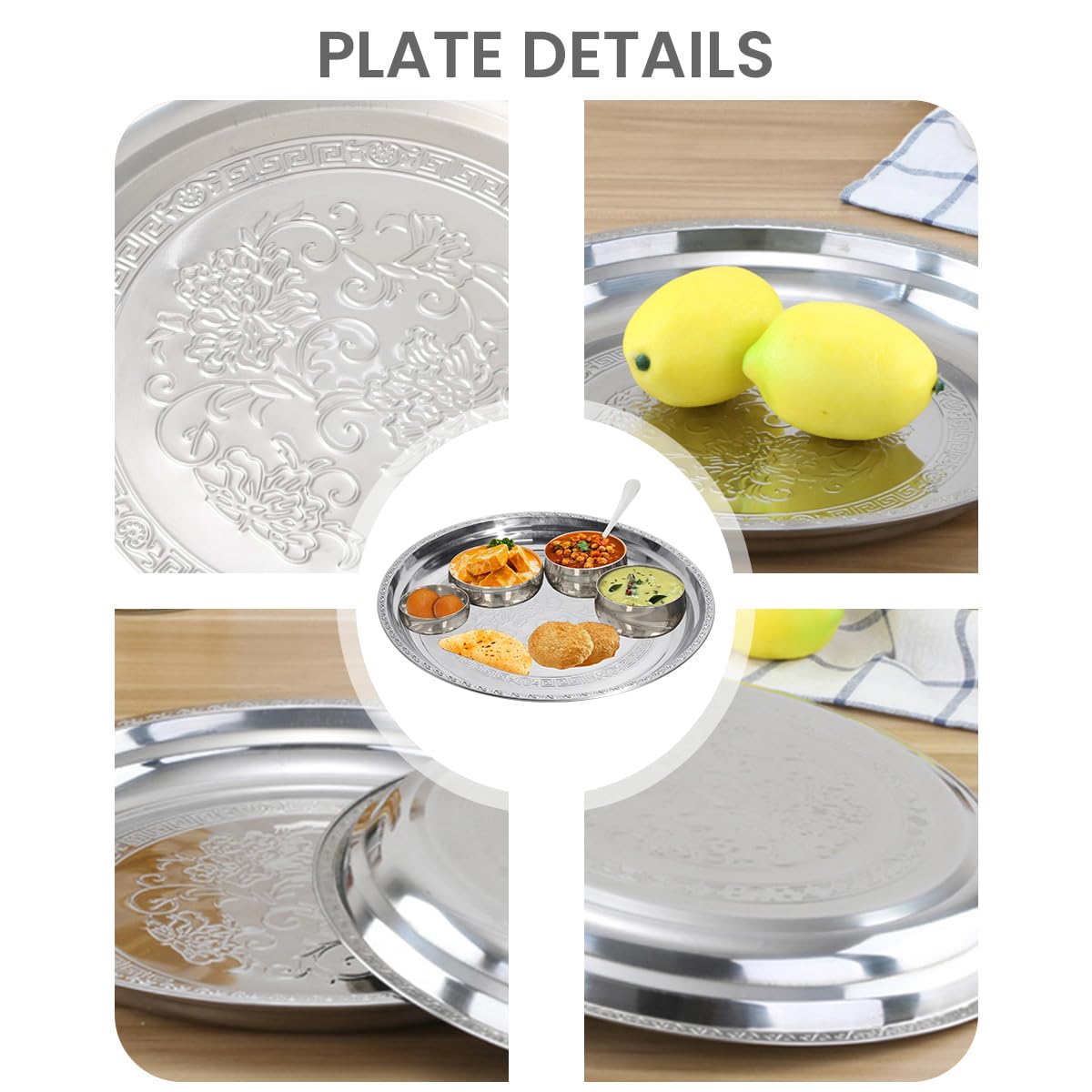 HASTHIP® 11.8 Inches Round Shape Embossed Serving Trays Food Grade, 6Pcs Stainless Steel Dinner Plates, Dishwasher Safe Ideal for Special Occasions and Everyday Use