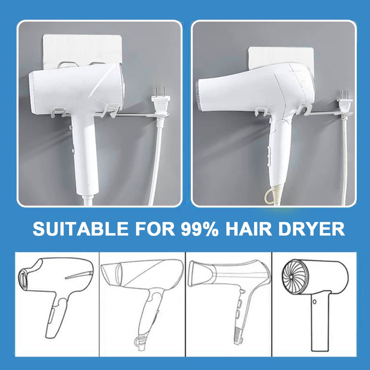 Hair Dryer Holder Wall Mount Stand Self Adhesive Waterproof Blow Dryer Rack Storage Organizer Hanger, Suitable for Most Hair Dryer Models, Brush, Curling Iron, Straightener (silver)