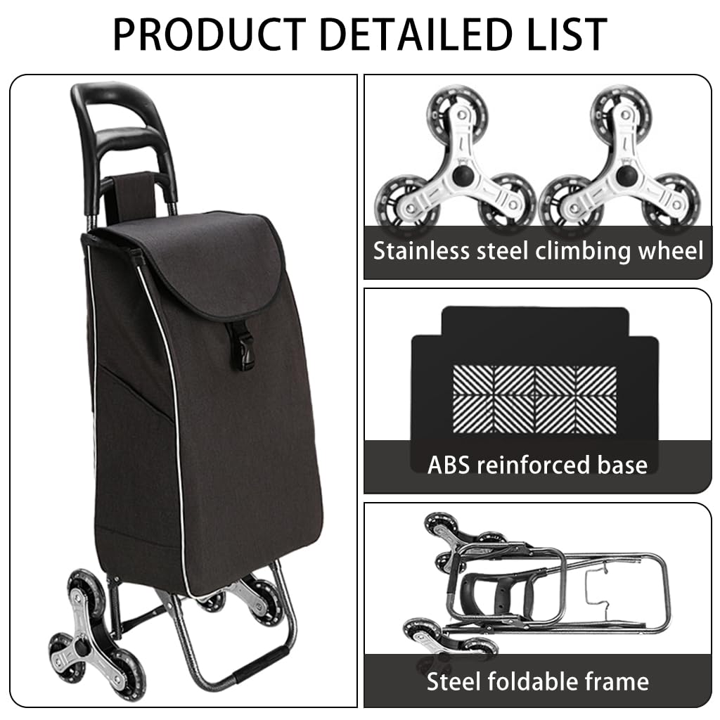 HASTHIP® Shopping Cart with Wheels, Foldable 6-Wheel Luggage Trolley Heavy Duty Shopping Hand Truck Load Capacity 77-110lbs, 35L Large Capacity Stair Climber Trolley for Shopping, Moving