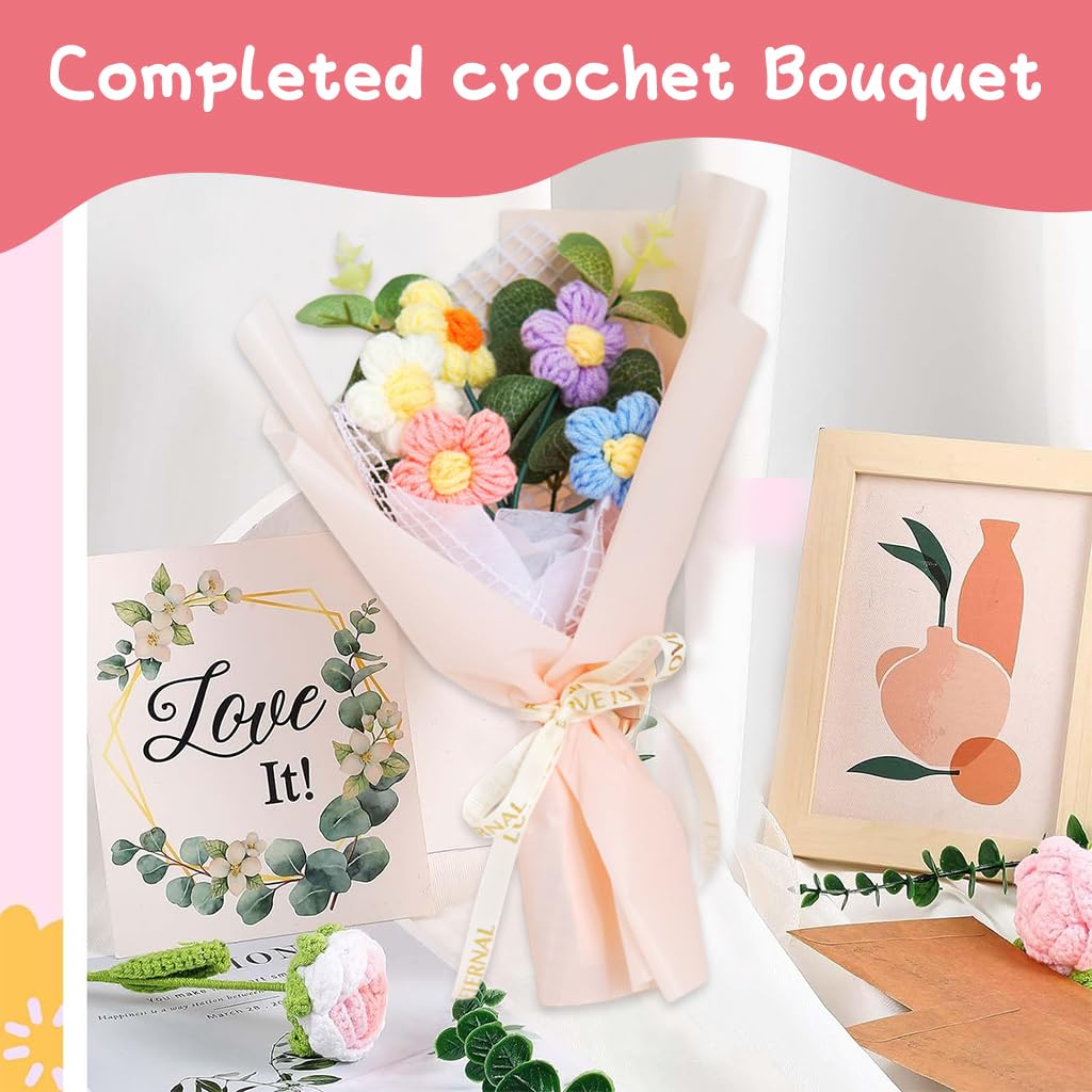HASTHIP® DIY Handmade Crochet Flower Bouquet Gift Lovely Color Crochet Flowers Bouquet Gift for Girls Home Decor Gift for Mother