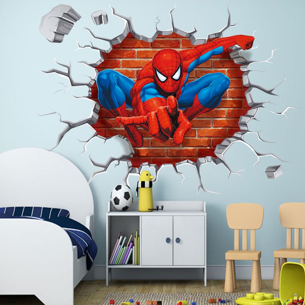 1 Sheet 3D Wall Paper Sticker Superhero Spiderman 3D Wall Paper Self Adhesive PVC Wall Paper Removable Cartoon 3D Wall Paper for Kids Room, Bed Room, Living Room, 19.6 x19.6 inches